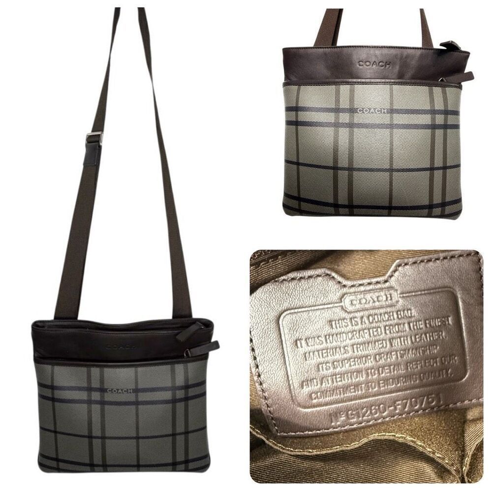 Coach Plaid Trans Atlantic Leather Messenger Bag F70751 Leather Trim, Crossbody,